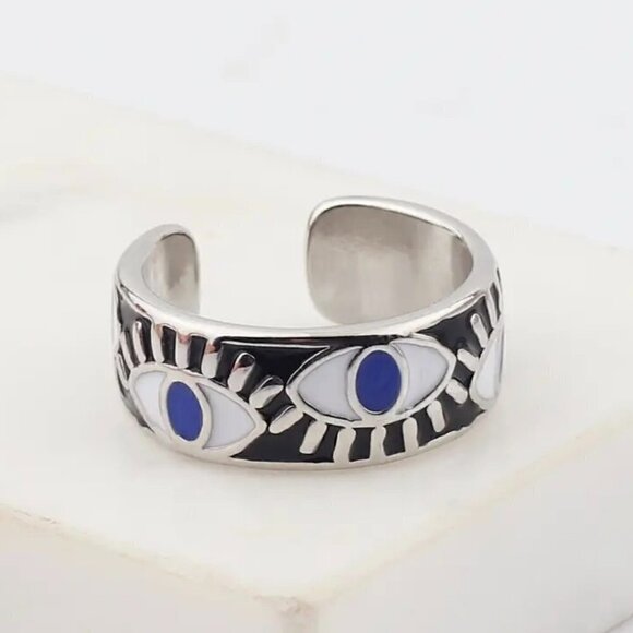 Boho Evil Eye Enamel Adjustable Ring #1306 WHITE - Picture 13 of 13
